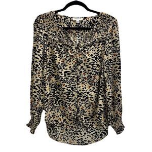 Beachlunchlounge‎ Leopard Print Blouse XS Long Sleeve Smocked Cuffs Button Front
